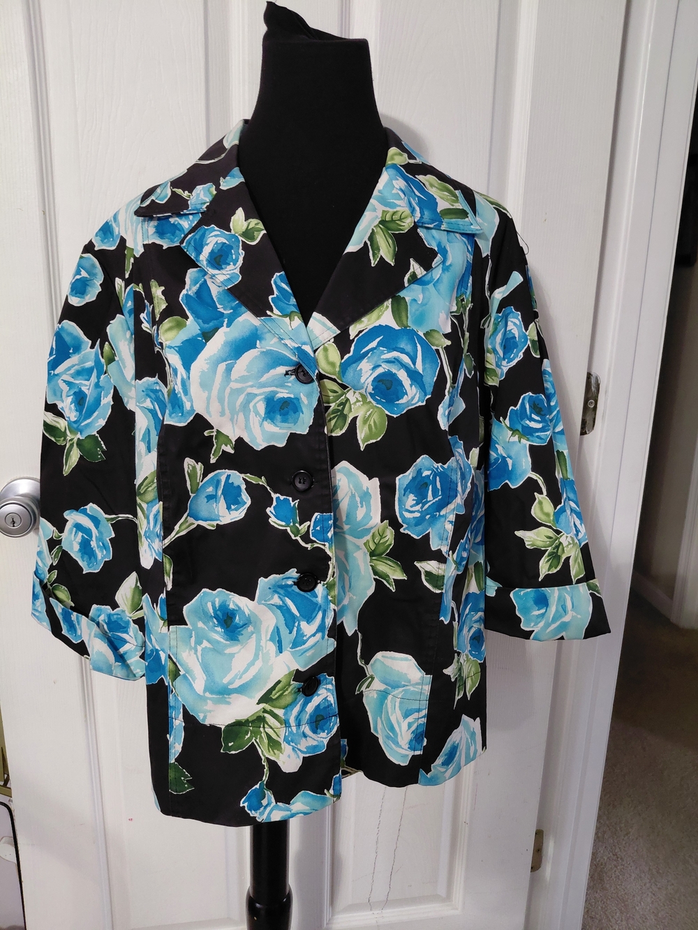 Black Blazer with Blue Rose Print - Women's Floral Button Jacket